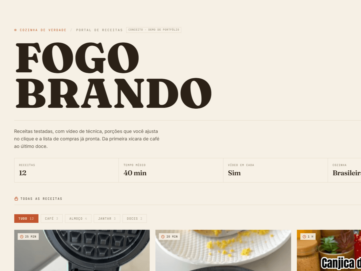 Página inicial do site Fogo Brando (Receitas · Passo a passo), desenvolvido por Leonardo Luciano