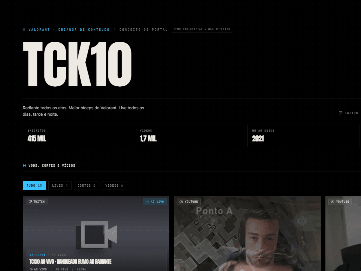 Página inicial do site TcK10 (Streamer · Valorant), desenvolvido por Leonardo Luciano